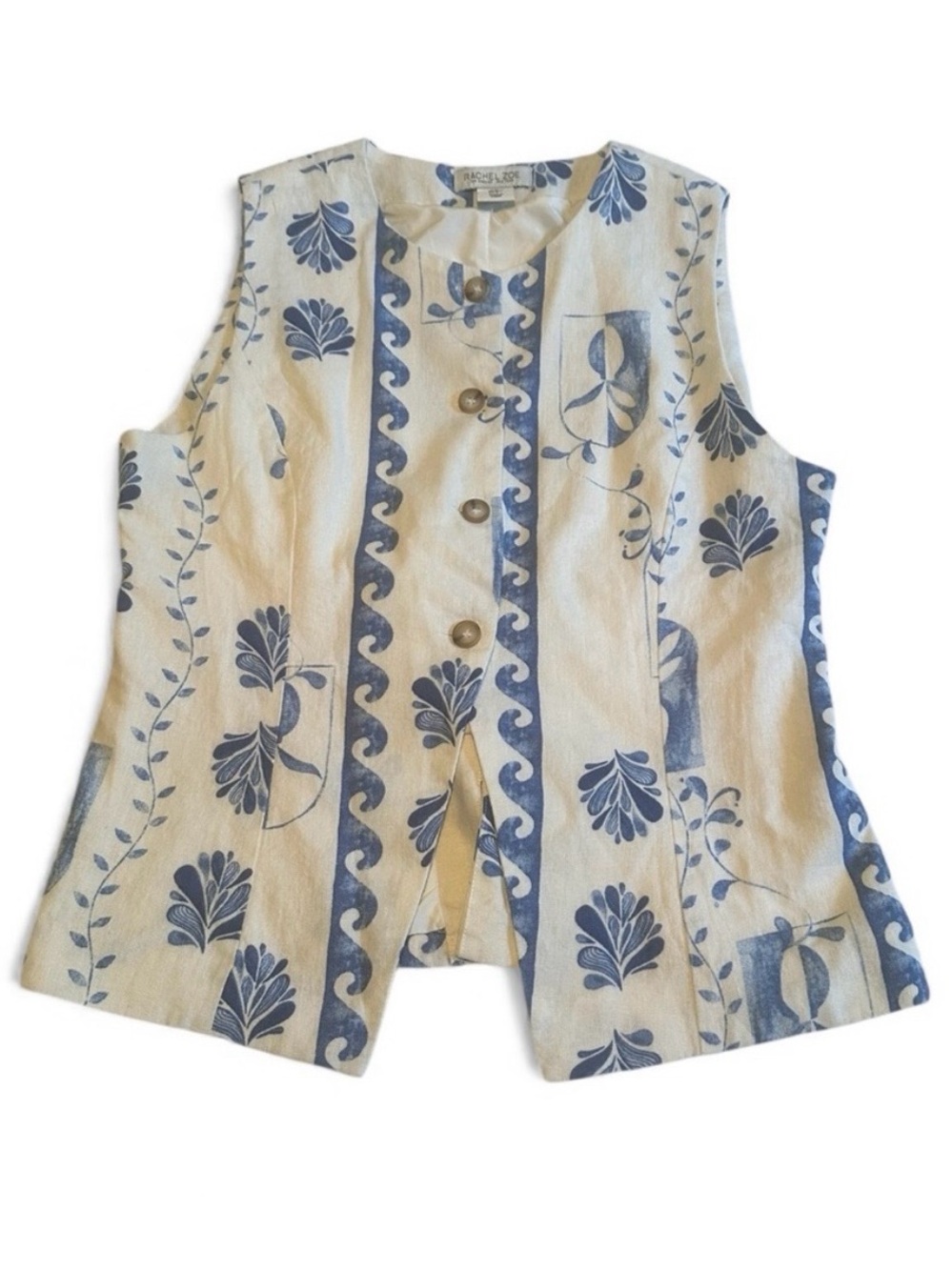 Rachel Zoe Cream and Blue Floral Sleeveless Button Vest